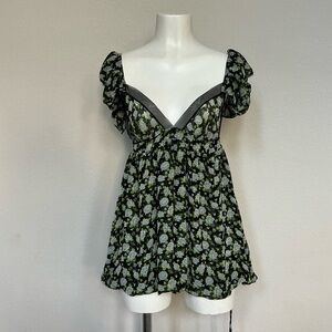 Victoria's Secret Black Floral Puff Sleeve Babydoll